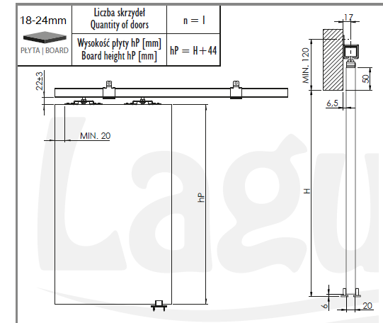 System przesuwny 200cm z mocowaniem naściennym bez dystansu Standard Laguna do 100kg - obrazek 2
