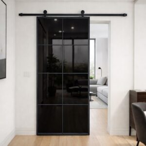Drzwi stalowe przesuwne Czarne Szkło 8s komplet z systemem przesuwnym i szkłem 90- KOMPLET