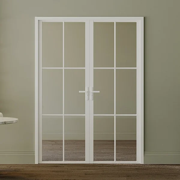 Drzwi rozwierne dwuskrzydłowe z ościeżnicą białe kratka loft slim oszklone 140cm szkło hartowane