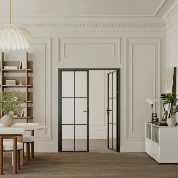 Drzwi rozwierne dwuskrzydłowe z ościeżnicą czarne kratka loft slim oszklone 180cm szkło hartowane