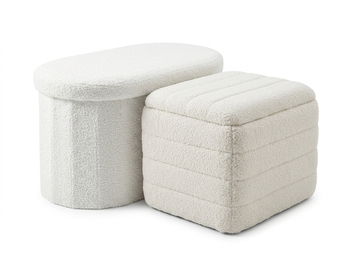 Pufa tapicerowana boucle kremowa biała beż 43x37x33cm otwierana baranek - obrazek 5