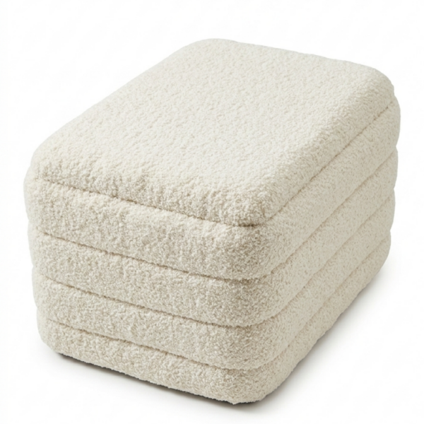 Pufa tapicerowana boucle kremowa biała beż 43x37x33cm otwierana baranek