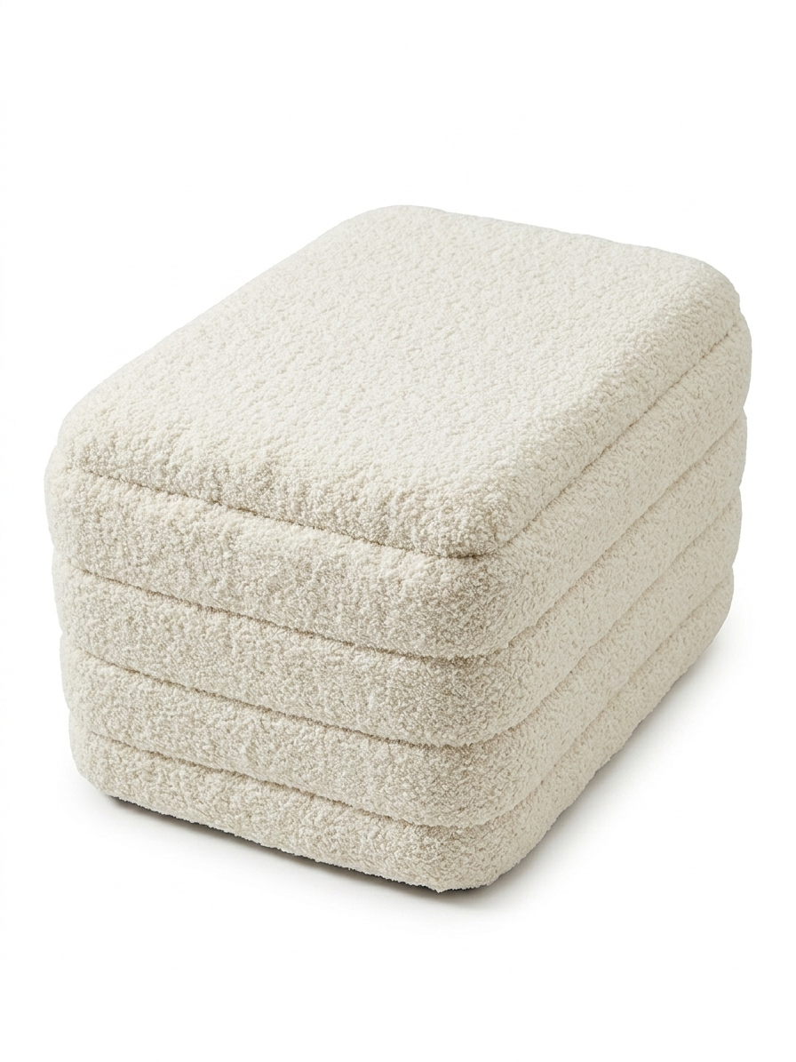 Pufa tapicerowana boucle kremowa biała beż 43x37x33cm otwierana baranek